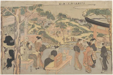 Osen de la casa de té Kagiya en el santuario Kasamori con vista de Nippori en Yanaka