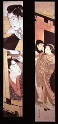La cita: dos amantes en una puerta, c.1768 (grabado en madera a color)