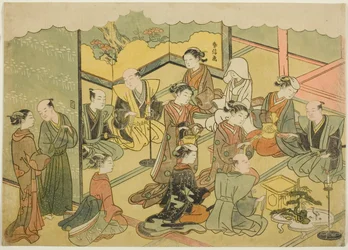El sake ceremonial (Konrei sakazuki), la cuarta hoja de la serie "Matrimonio en impresiones de brocado, el carruaje de la mujer virtuosa (Konrei nishiki misao-guruma)"