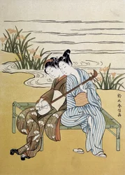 El shamisen: pareja tocando shamisen (o samisen: laúd de tres cuerdas con manga larga) - por Harunobou, en “Japón artístico”, julio de 1890