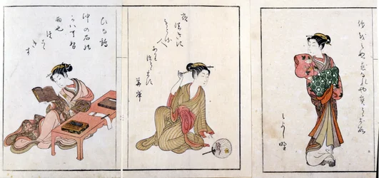 Tres cortesanas. De izquierda a derecha, Hiinatsuru, Hanagishi y la tercera no identificada. Grabados de Harunobu Suzuki (1724/25-1770).