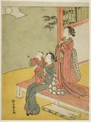 Dos Mujeres y un Niño Observando la Luna Llena