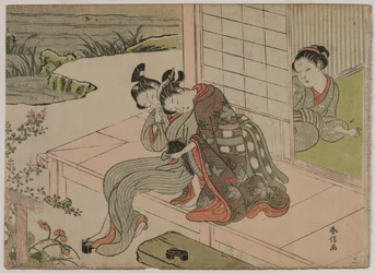 Mujer observando a una pareja joven abrazarse en una veranda, finales de 1760