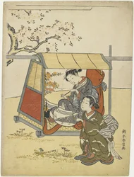 Joven mujer viendo flores de cerezo como un Mitate de Lady Nakanokimi, c. 1767