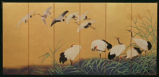 Biombo de seis paneles con juncos y grullas, período Edo, japonés, siglo XIX