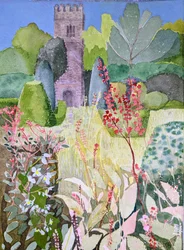 Torre medieval en un jardín, Dartington, 2022 (acuarela sobre papel)