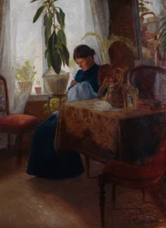 Interior con mujer cosiendo