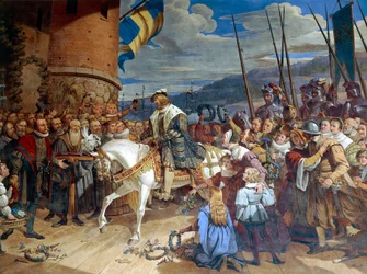 Gustavo I Eriksson Vasa, rey de Suecia, recibido triunfalmente en Uppsala.