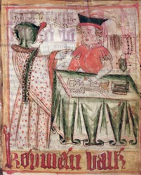Interior de una tienda, de los Códigos jurídicos nacionales de Magnus Eriksson (1319-64), hacia 1450