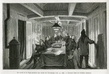 La plaza de La Vega, durante una noche de invierno, y las actividades de la tripulación: lectura, juegos de ajedrez y backgammon, así como degustación de licores. Grabado de la edición sueca, ilustración de la historia “Viaje de la Vega alrededor de Asia y