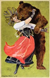 Postal de Berna que representa a una mujer y un oso, c.1900