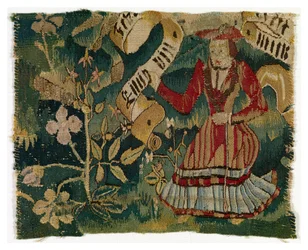 Fragmento de tapiz que representa un árbol y una mujer con un pergamino en la mano (lana)