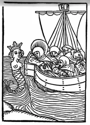 La leyenda de San Brendan (Brandan), héroe y santo irlandés del siglo VI. Todos los monjes se duermen al canto de las sirenas. Grabado de "Die Wunderbare Meerfahrt des Hl. Brandan." Bale