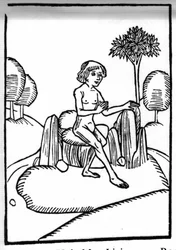 La leyenda de San Brendan (Brandan), héroe y santo irlandés del siglo VI. Encuentro con un ermitaño santo viviendo en una roca en mar abierto. Grabado de 