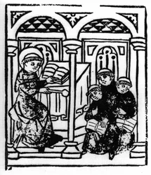 La leyenda de San Brendan (Brandan), héroe y santo irlandés del siglo VI. El santo relata las maravillas del mar a sus compañeros del monasterio. Grabado de "Die Wunderbare Meerfahrt des Hl. Brandan." Bale