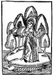 La leyenda de San Brendan (Brandan), héroe y santo irlandés del siglo VI. El santo está en un bosque sobre el lomo de un pez. Grabado de “Die Wunderbare Meerfahrt des Hl. Brandan”. Bale
