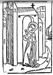 La leyenda de San Brendan (Brandan), héroe y santo irlandés del siglo VI. El regreso del santo a su monasterio. Grabado de "Die Wunderbare Meerfahrt des Hl. Brandan". Bale
