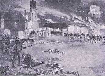 Lucha callejera en la frontera franco-alemana: Un ataque francés a la guardia prusiana, de Historia de la Gran Guerra Vol 3 publicado por Waverley Book Co Limited, c.1920
