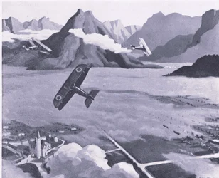 Exploradores británicos saliendo de su aeródromo en patrulla sobre el Plateau de Asiago, Italia, de Aventura Británica publicado por Collins, 1947