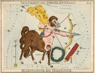 Sagitario y Corona Australis. Microscopium y Telescopium., c.1825 (cartulina, papel, tejido)