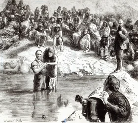 Un bautismo de indios norteamericanos - Mormones posando como apóstoles de Cristo, 1892