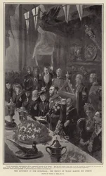 El almuerzo en el Guildhall, el Príncipe de Gales dando su discurso