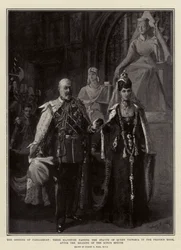 La Apertura del Parlamento, Sus Majestades pasando la Estatua de la Reina Victoria en la Sala del Príncipe, después de la Lectura del Discurso del Rey
