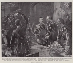 La presentación al Coronel Hector MacDonald, el Duque de Atholl abrochando la Espada de Honor