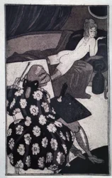Erotismo: Giacomo Casanova (1725-1798) retratando a su alargada amante lánguidamente desnuda en un sofá (grabado)