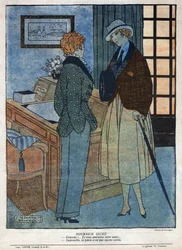 Ilustración de una escena de la pieza teatral "Elles tirera" de André Birabeau (1890-1974) y Marcel Hervieu en "La baionnette" número 124 del 15 de noviembre