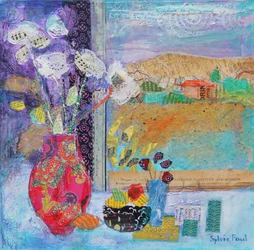 Flores en la ventana 2014, collage de papel acrílico
