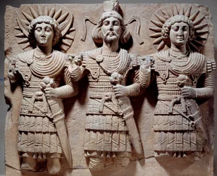 Tríada palmirena: Baalshamin, señor del cielo entre el dios de la luna y el dios del sol. Bajorrelieve de piedra caliza del siglo I. De Palmira, Siria. Dimensiones: 0,6 x 0,72 m. París, Museo del Louvre