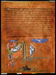 Página completa: texto y miniatura: Abraham prometió muchos descendientes (miniatura sobre pergamino)