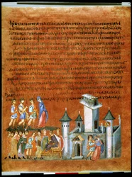 Página completa: texto y miniatura: Isaac y Rebeca con el rey filisteo Abimelec en Gerar (miniatura)