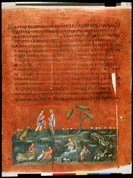 Página completa: texto y miniatura: Jacob y Labán dividiendo los rebaños (miniatura)