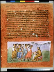 Página completa: texto y miniatura: Jacob envía de nuevo a sus hijos a Egipto (miniatura)