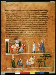 Página completa: texto y miniatura: José tentado por la mujer de Potifar (miniatura)