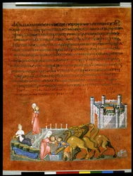 Página completa: texto y miniatura: Rebeca y Eliezer en el pozo a las afueras de la ciudad de Nacor (miniatura)