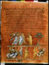 Página completa: texto y miniatura: dos ángeles mensajeros informan del acercamiento de Esaú a Jacob (miniatura)