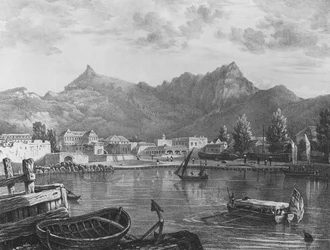 Port Louis, Mauricio, desde el lado este del puerto, c.1830 (litografía)