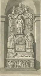 Interior de la Iglesia de Patshull - Tumbas de Astley: dibujo en sepia, nd [finales del siglo XVIII] (impresión)