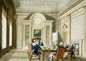 Sala de administración del almirante británico. Grabado coloreado publicado el 1 de enero