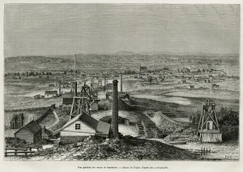 Vista general de las minas de Sandhurst, grabado según un dibujo de Taylor, para ilustrar la historia seis meses en Australia, por Désiré Charnay, misión encargada por el Ministerio de Educación Pública, en 1878, publicado en Le tour du monde, bajo la dire