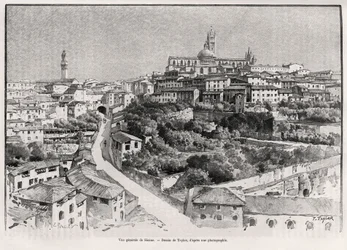 Vista general de Siena (Italia). Grabado por Taylor para ilustrar la historia “A través de la Toscana” por Eugene Muntz, en Le tour du Monde 1892, dirigido por Edouard Charton, Hachette, París.