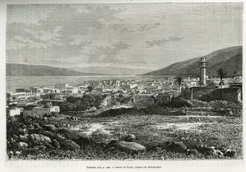 Vista general de Tiberíades (Israel). Ilustración de la historia de Siria hoy, por M. Lortet, decano de la Facultad de Medicina de Lyon, encargado de una misión científica por el Ministerio de Educación Pública, publicado en Le tour du monde
