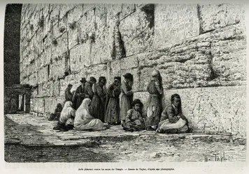 Judíos llorando contra los muros del templo (muro de los lamentos). Ilustración de La Siria de hoy, por M. Lortet, decano de la Facultad de Medicina de Lyon, encargado de una misión científica por el Ministerio de Educación Pública, publicado en Le tour du