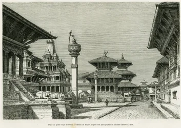 Plaza del Palacio Real de Patan (actual Lalitpur). Grabado por Taylor para ilustrar la historia Voyage au Nepal, por el Dr. Gustave Le Bon (1841-1931), en le tour du monde 1886, dirigido por Edouard Charton (1807-1890), Hachette, París.