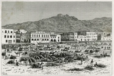 La marcha de Adén (Yemen). Grabado de Taylor, para ilustrar la historia "Viaje a Benadir, Somalíes y Bayoun" en 1882-1883, por M.G. Revoil. Publicado en Le Tour du monde, nuevo diario de viajes.
