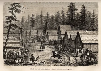 La estación de Cisco, Condado de Placer (Nevada), donde se puede tomar el tren expreso del Ferrocarril del Pacífico (Pacific Railway), grabado después del dibujo de Taylor, ilustrando el viaje de Washington a San Francisco en 1868, por L. Simonin, publicad