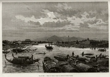 Vista de Hue (Vietnam), con descripción de la navegación en el río Song Huong y la Pagoda Thien Mu. Grabado por Taylor, para ilustrar la historia “Treinta meses en Tonkín” de Dr. Charles Edouard Hocquard (1885)